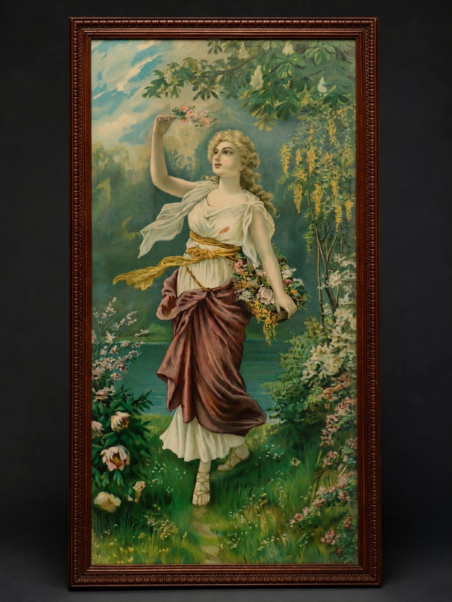 Paire de chromolithographies allégoriques Les Saisons – Fin du XIXe siècle , Femmes Art Nouveau-photo-2