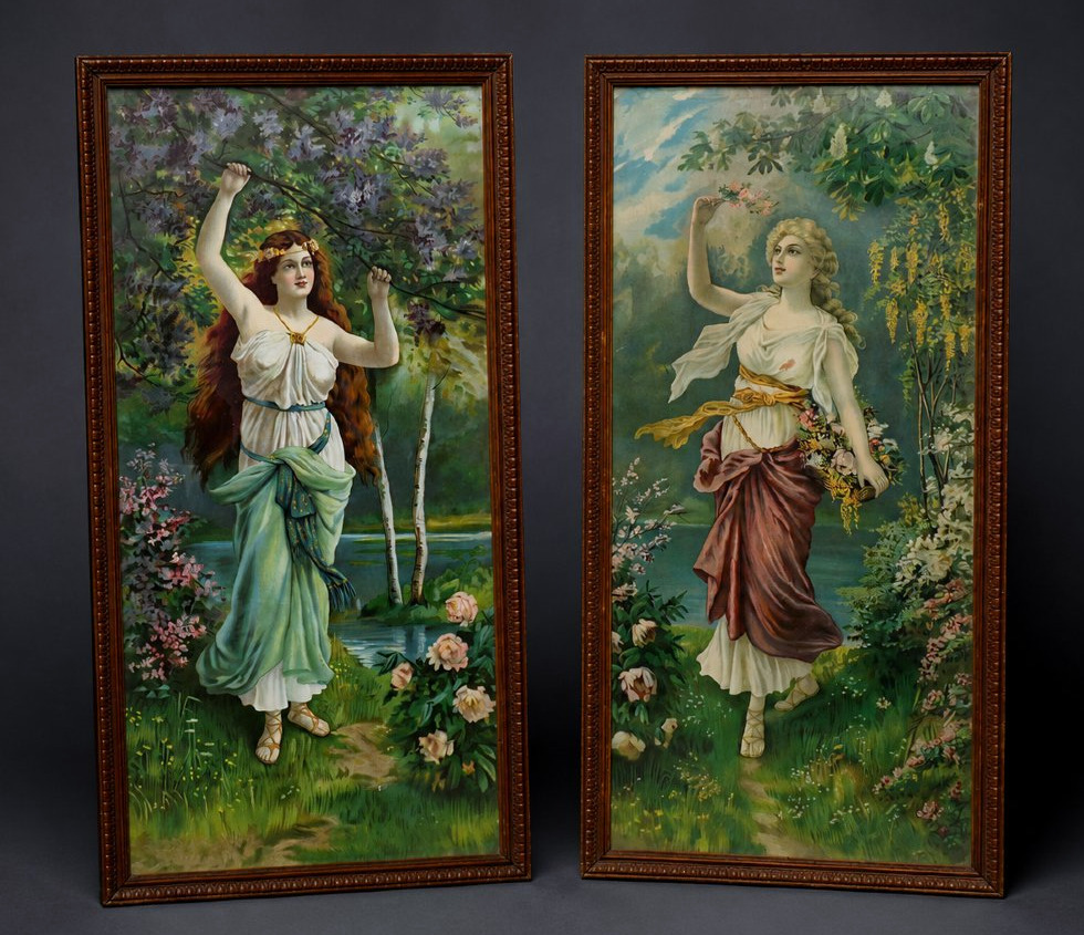 Paire de chromolithographies allégoriques Les Saisons – Fin du XIXe siècle , Femmes Art Nouveau