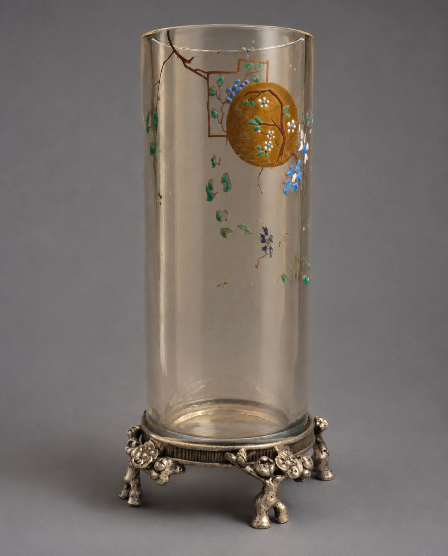 Baccarat "rouleau" Vase, Enameled Crystal On A Silver-plated Bronze Base, Circa 1870–1880, Japanese-style-photo-2