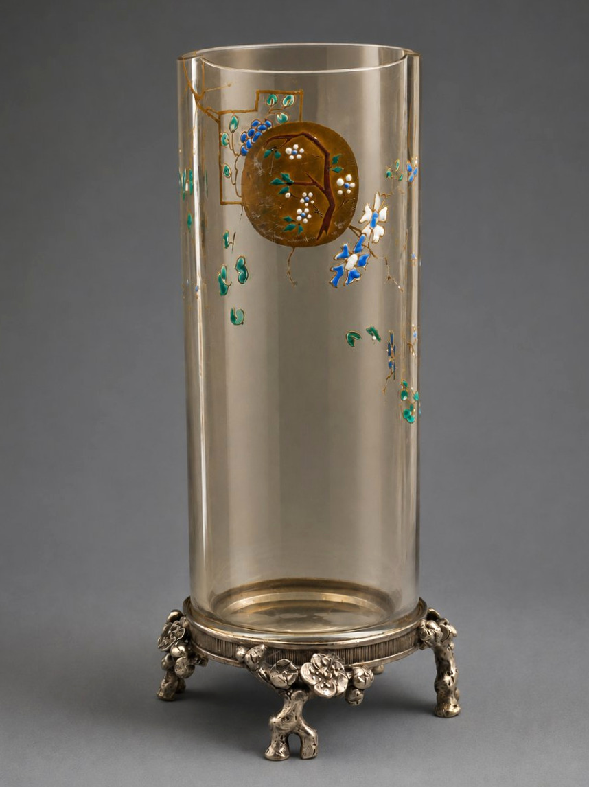 Baccarat "rouleau" Vase, Enameled Crystal On A Silver-plated Bronze Base, Circa 1870–1880, Japanese-style-photo-3