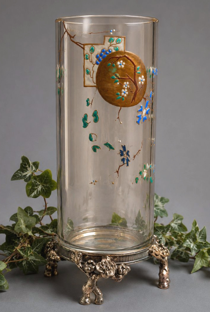 Baccarat "rouleau" Vase, Enameled Crystal On A Silver-plated Bronze Base, Circa 1870–1880, Japanese-style