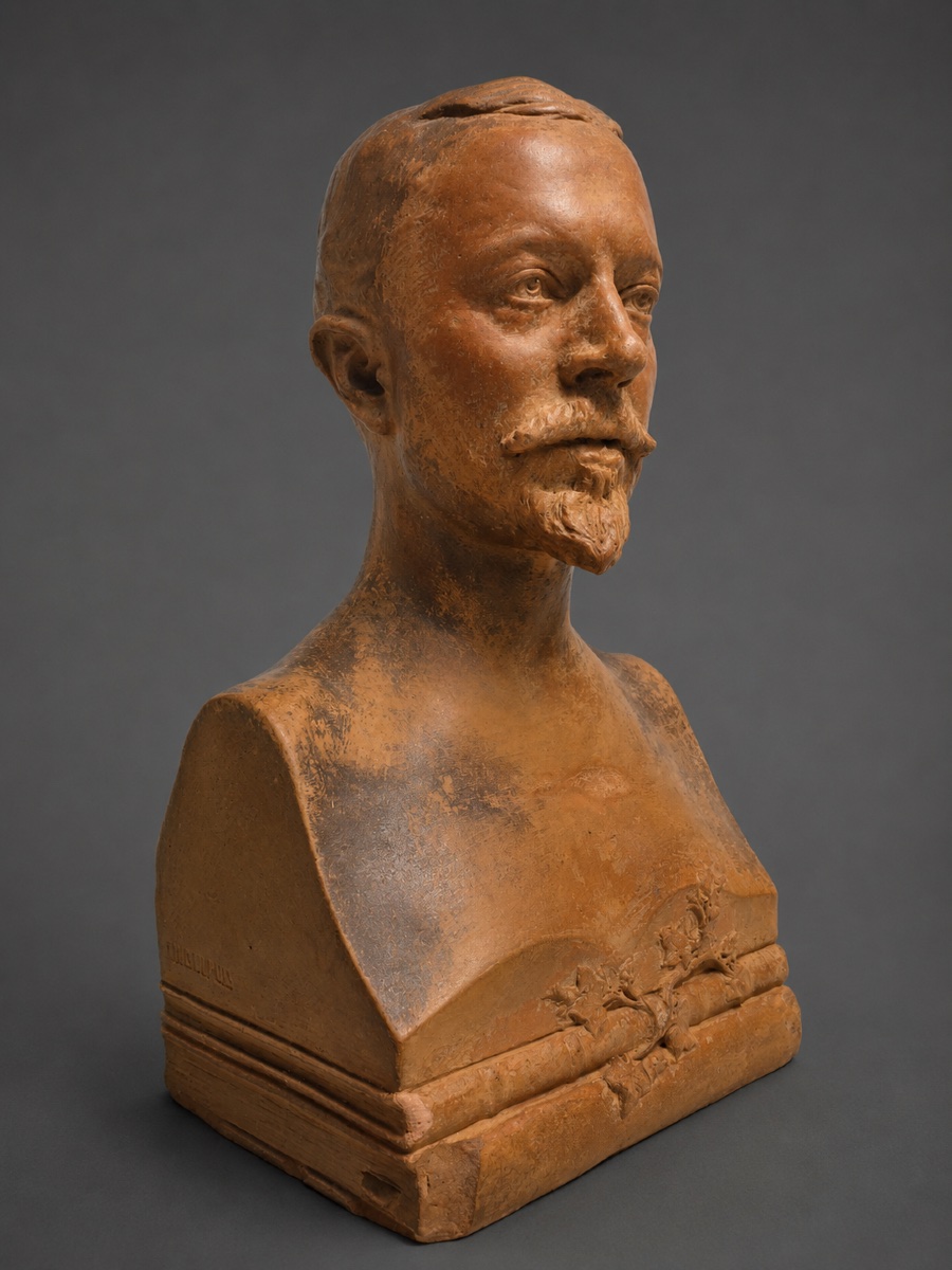 Buste en Terre Cuite Signé Louis Dupuis – Portrait d'homme Écrivain , époque Art Nouveau-photo-2