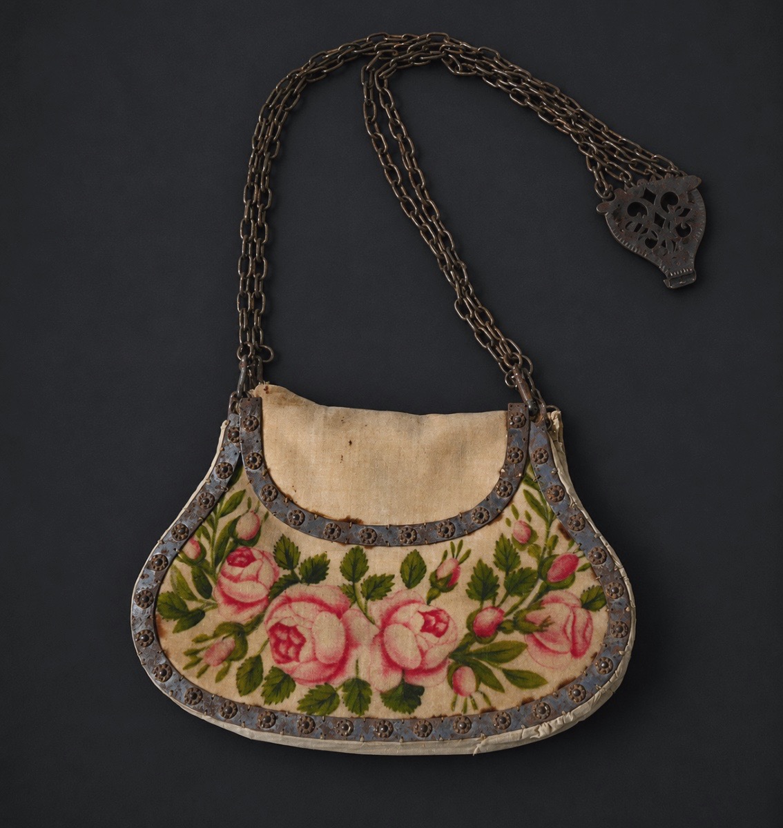 SAC / RÉTICULE ÉPOQUE PREMIER EMPIRE , CHARLES X , VELOURS PEINT , CHATELAINE MODE COSTUME XIXE-photo-1