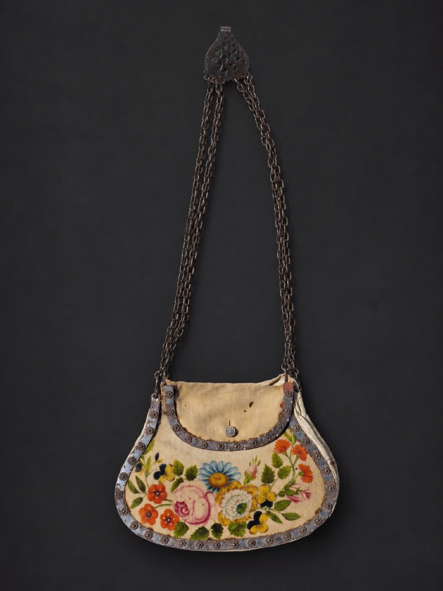 SAC / RÉTICULE ÉPOQUE PREMIER EMPIRE , CHARLES X , VELOURS PEINT , CHATELAINE MODE COSTUME XIXE-photo-4