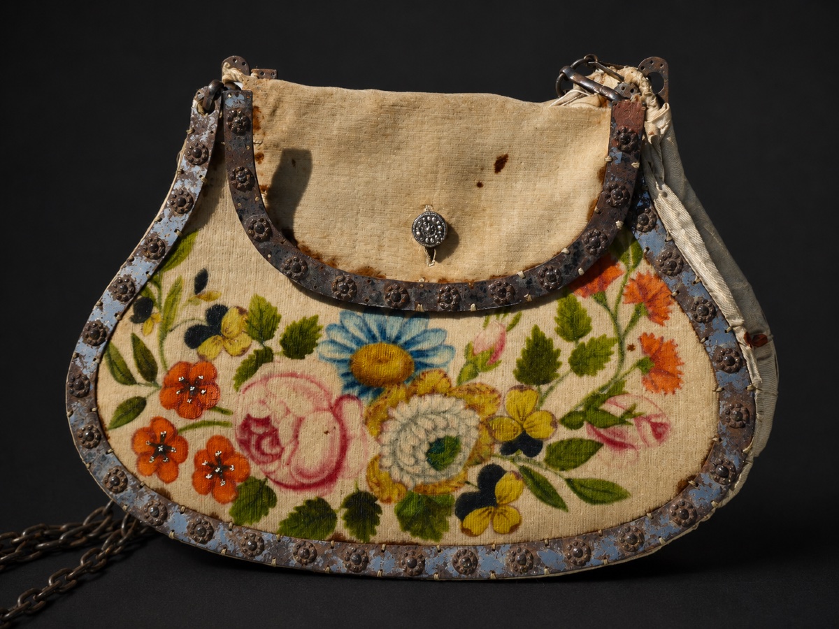 SAC / RÉTICULE ÉPOQUE PREMIER EMPIRE , CHARLES X , VELOURS PEINT , CHATELAINE MODE COSTUME XIXE-photo-5