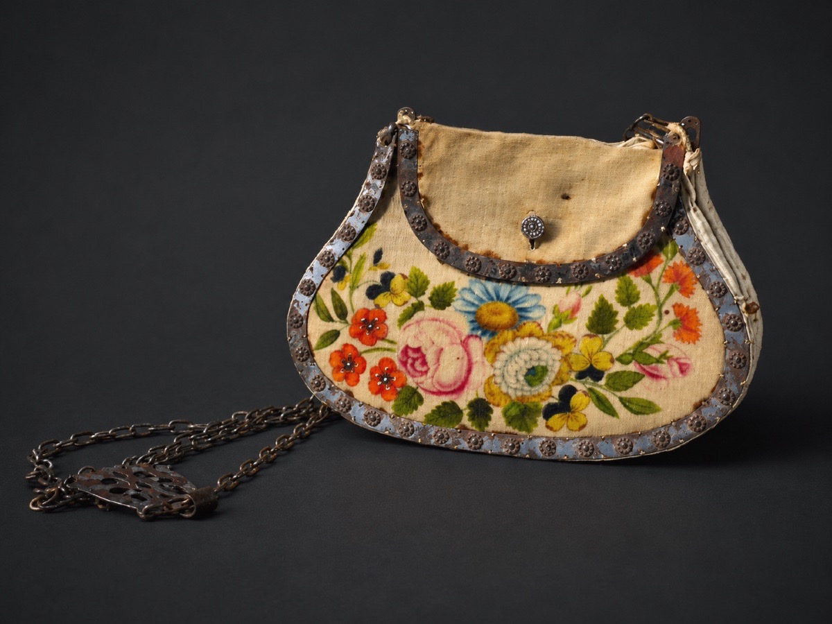 SAC / RÉTICULE ÉPOQUE PREMIER EMPIRE , CHARLES X , VELOURS PEINT , CHATELAINE MODE COSTUME XIXE