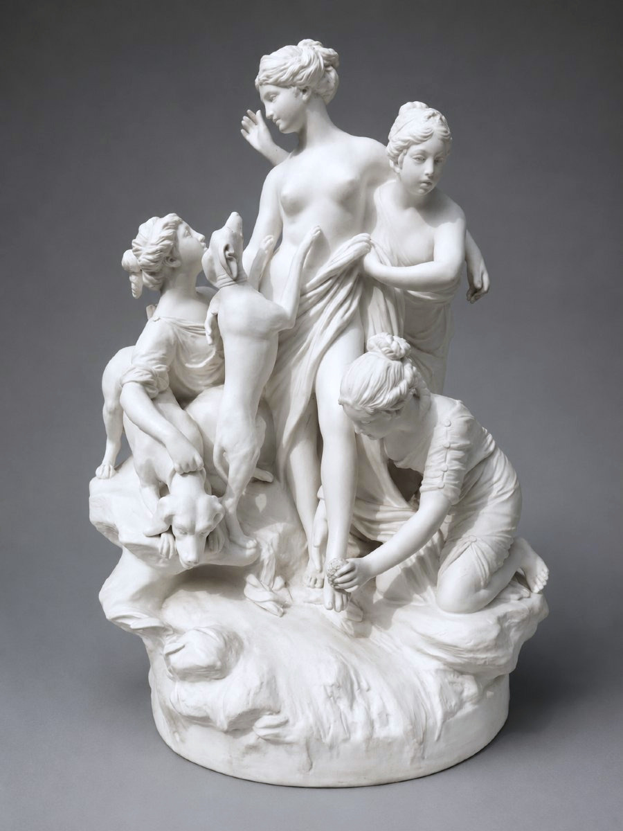 Diane In The Bath Natural Biscuit Group, Nymph & Greyhound, 19th Century, 18th-century Style, By Louis-simon Boizot