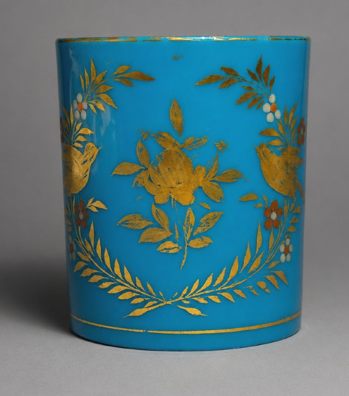 Gobelet en opaline de cristal bleu turquoise d'époque Restauration Décor aux oiseaux & fleurs-photo-3