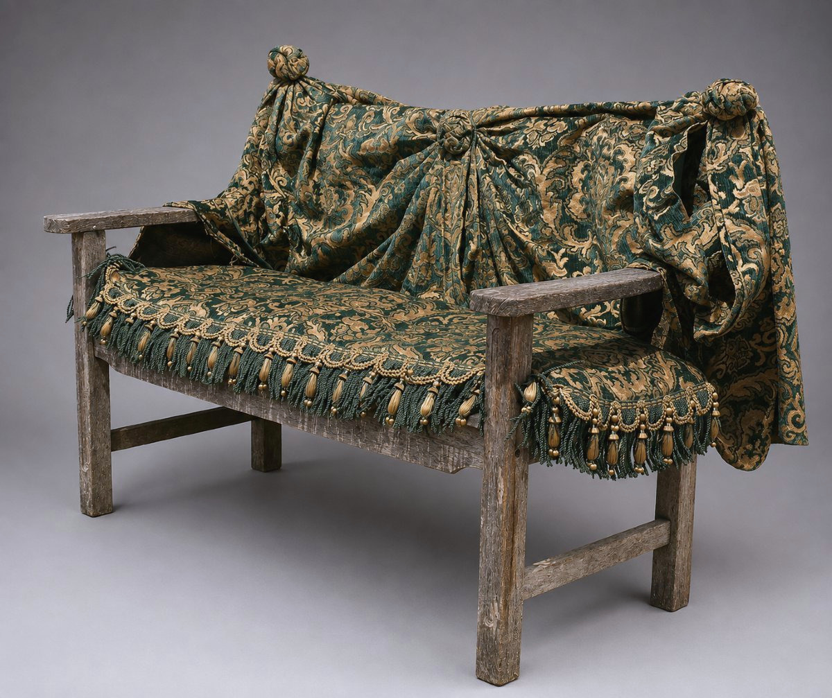 Large Napoleon III-style Bench Cushion, Copper & Green Jacquard, Prelle Trimming-photo-2