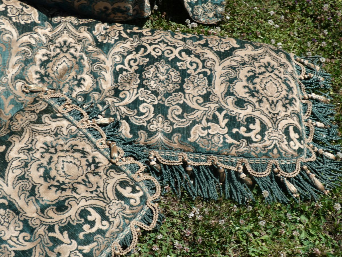 Large Napoleon III-style Bench Cushion, Copper & Green Jacquard, Prelle Trimming-photo-3