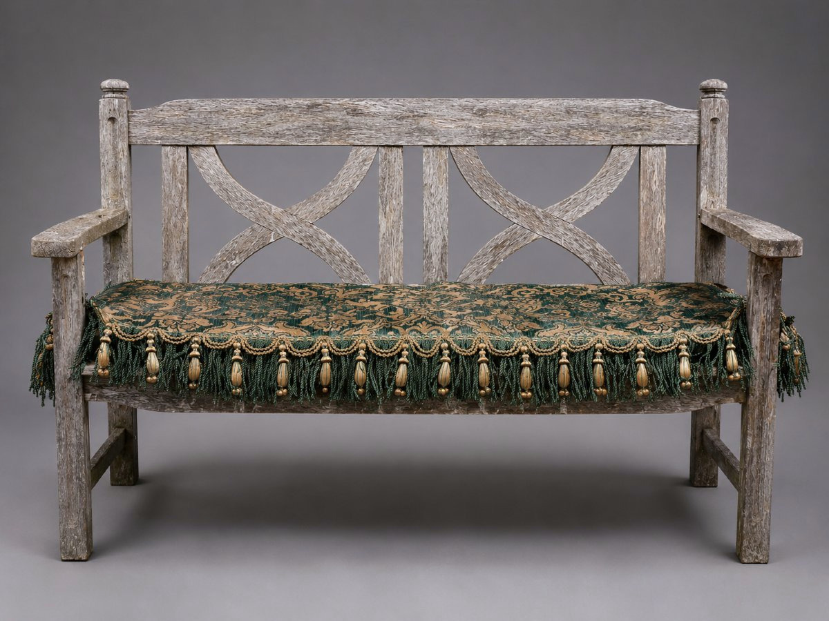 Large Napoleon III-style Bench Cushion, Copper & Green Jacquard, Prelle Trimming-photo-1