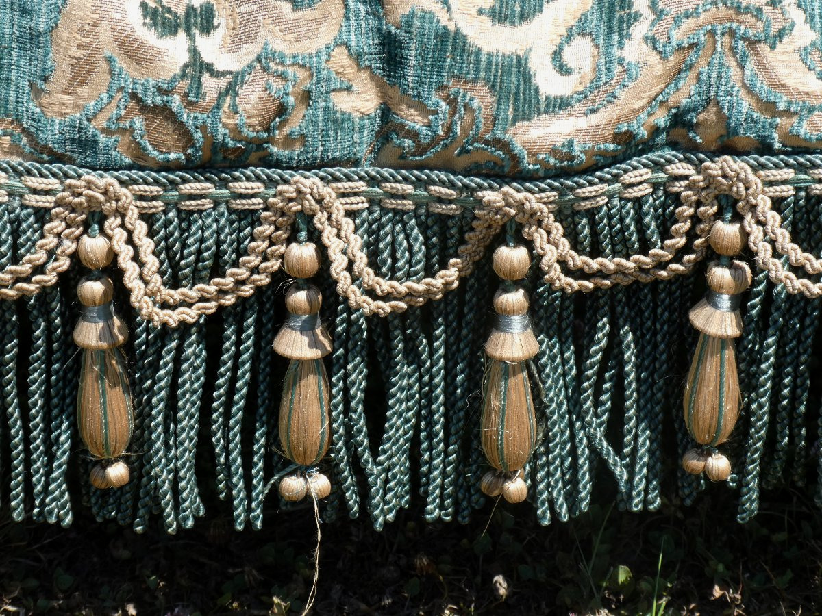 Large Napoleon III-style Bench Cushion, Copper & Green Jacquard, Prelle Trimming-photo-2