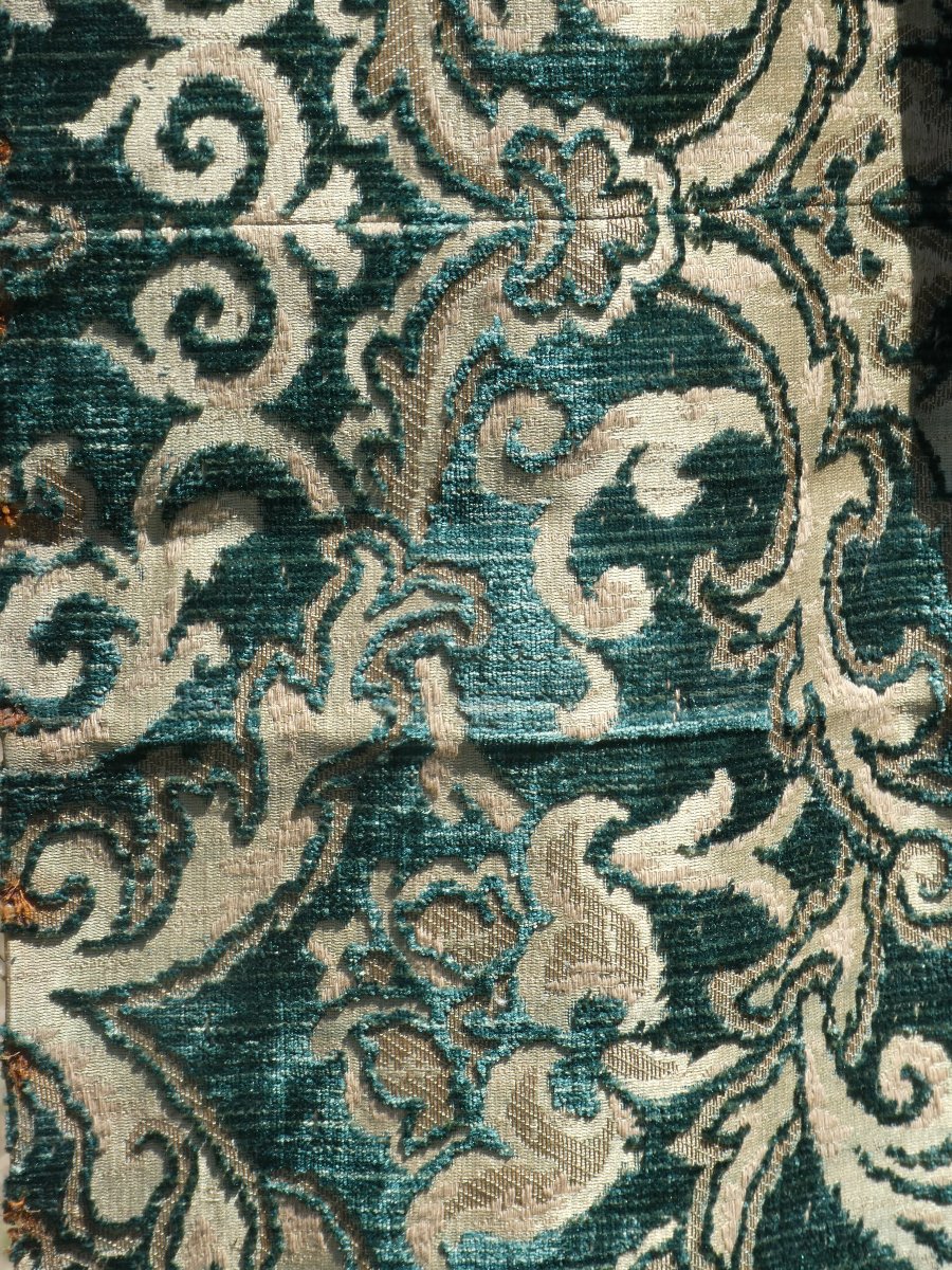 Large Napoleon III-style Bench Cushion, Copper & Green Jacquard, Prelle Trimming-photo-3