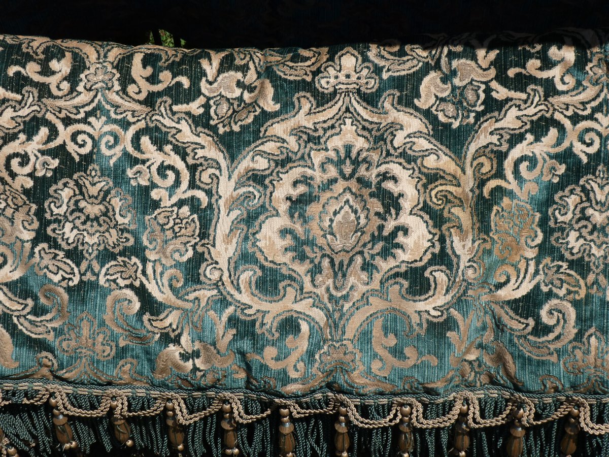 Large Napoleon III-style Bench Cushion, Copper & Green Jacquard, Prelle Trimming-photo-4