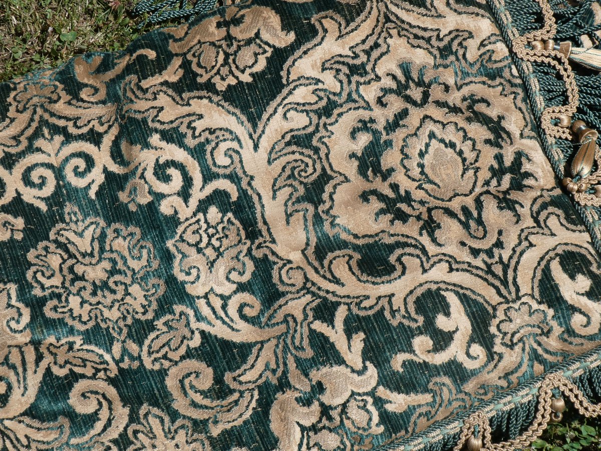 Large Napoleon III-style Bench Cushion, Copper & Green Jacquard, Prelle Trimming-photo-5