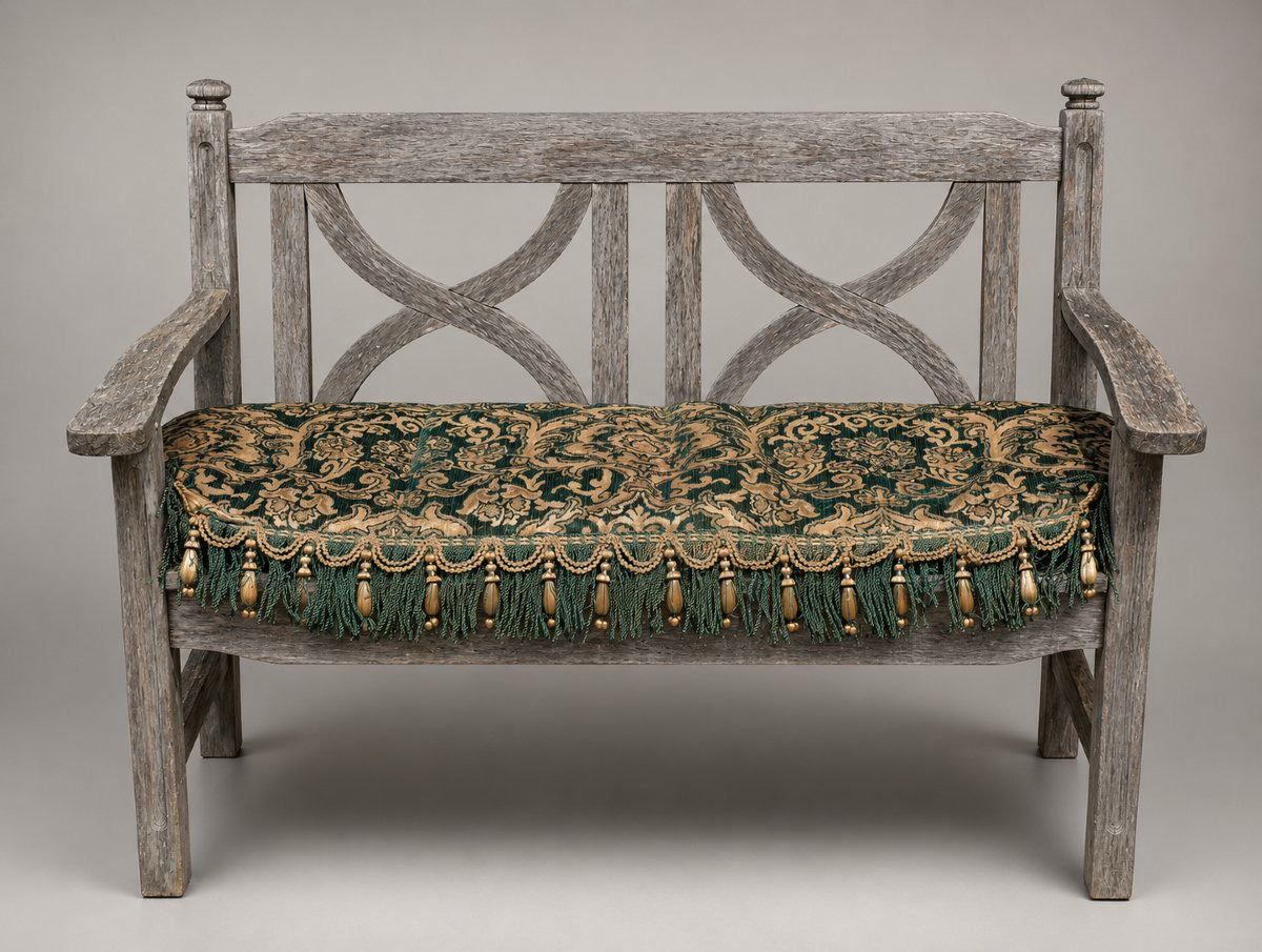 Large Napoleon III-style Bench Cushion, Copper & Green Jacquard, Prelle Trimming