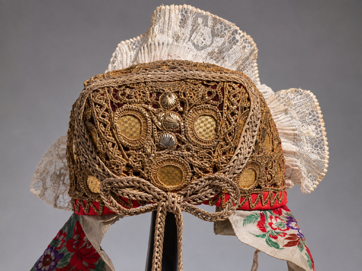 Bonnet / Coiffe Alsacienne , Coiffe Dorée , Costume Folklorique , Ruban De Soie , XIXe , Or-photo-2