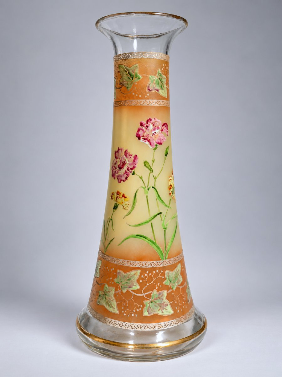Grand Vase Diabolo En Verre Emaillé , Theodore Legras , Style Art Nouveau , Lierre , 1900-photo-2