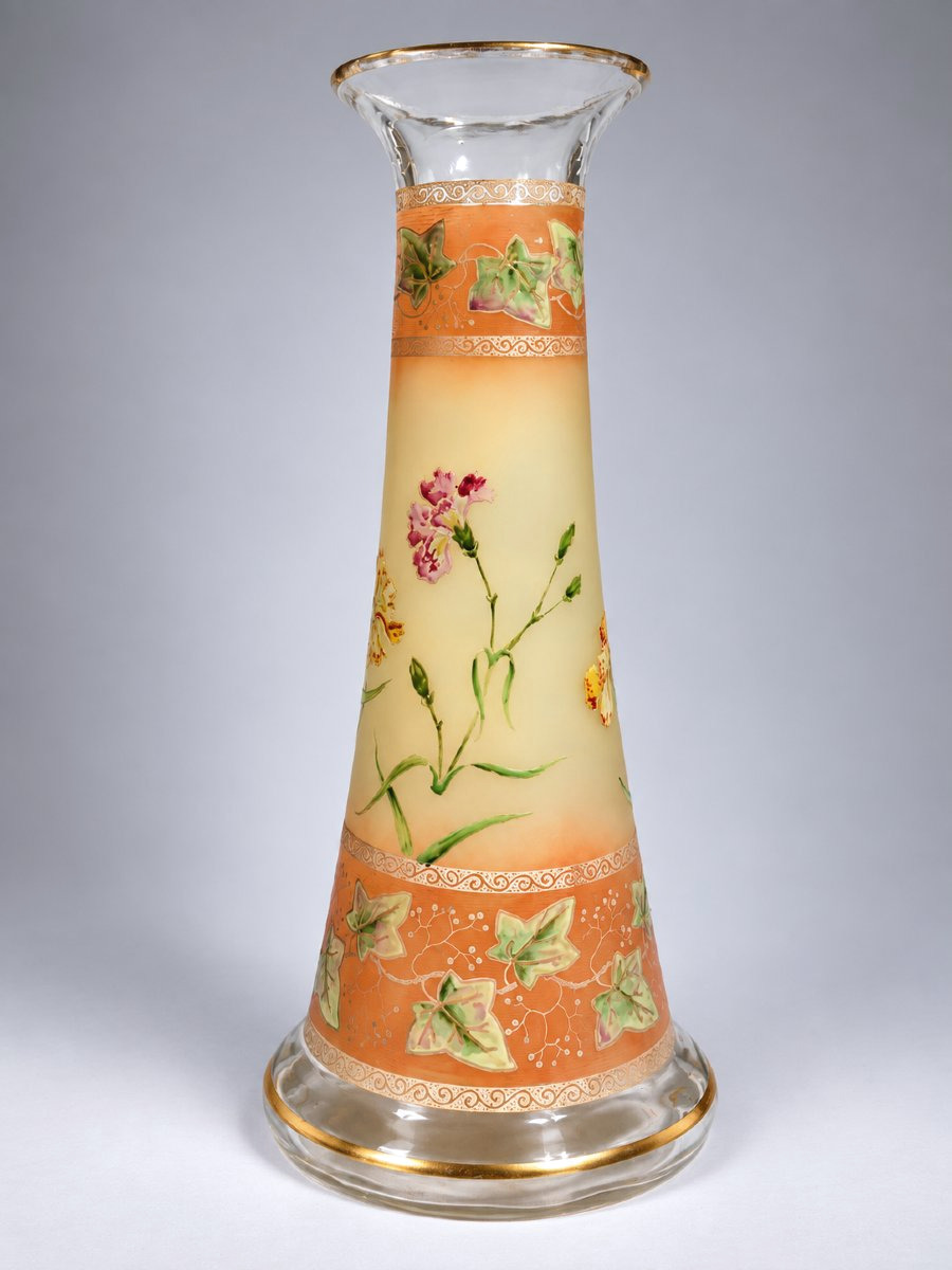Grand Vase Diabolo En Verre Emaillé , Theodore Legras , Style Art Nouveau , Lierre , 1900-photo-4