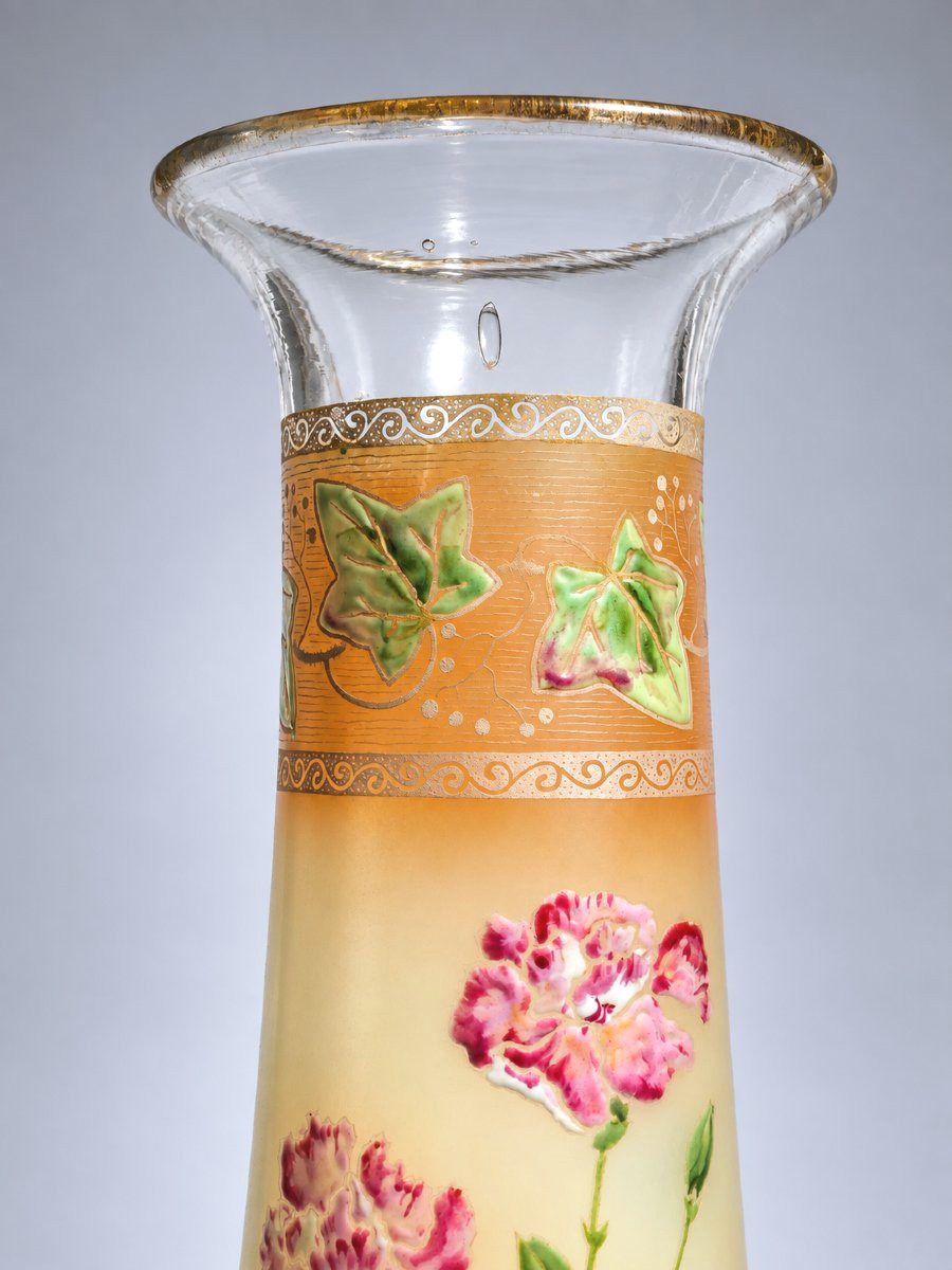Grand Vase Diabolo En Verre Emaillé , Theodore Legras , Style Art Nouveau , Lierre , 1900-photo-1