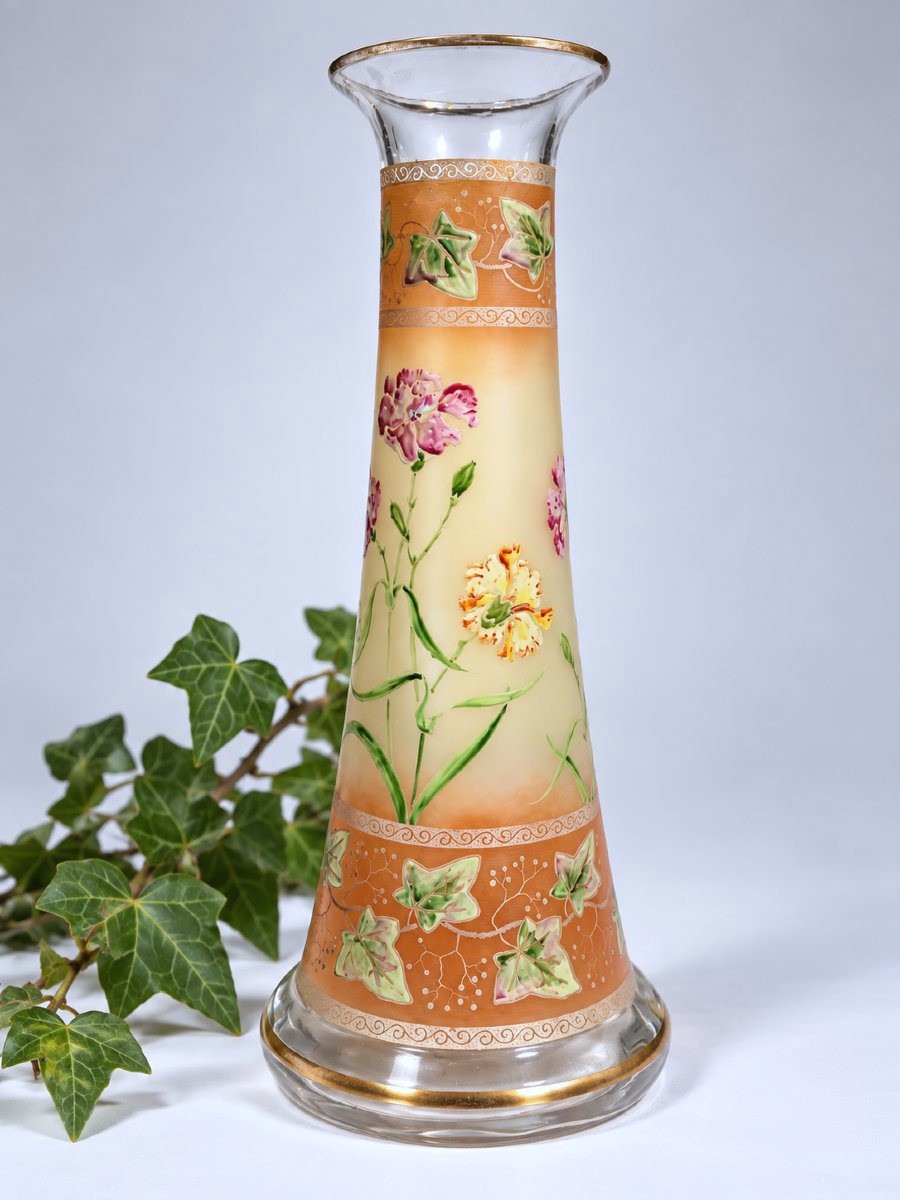 Grand Vase Diabolo En Verre Emaillé , Theodore Legras , Style Art Nouveau , Lierre , 1900