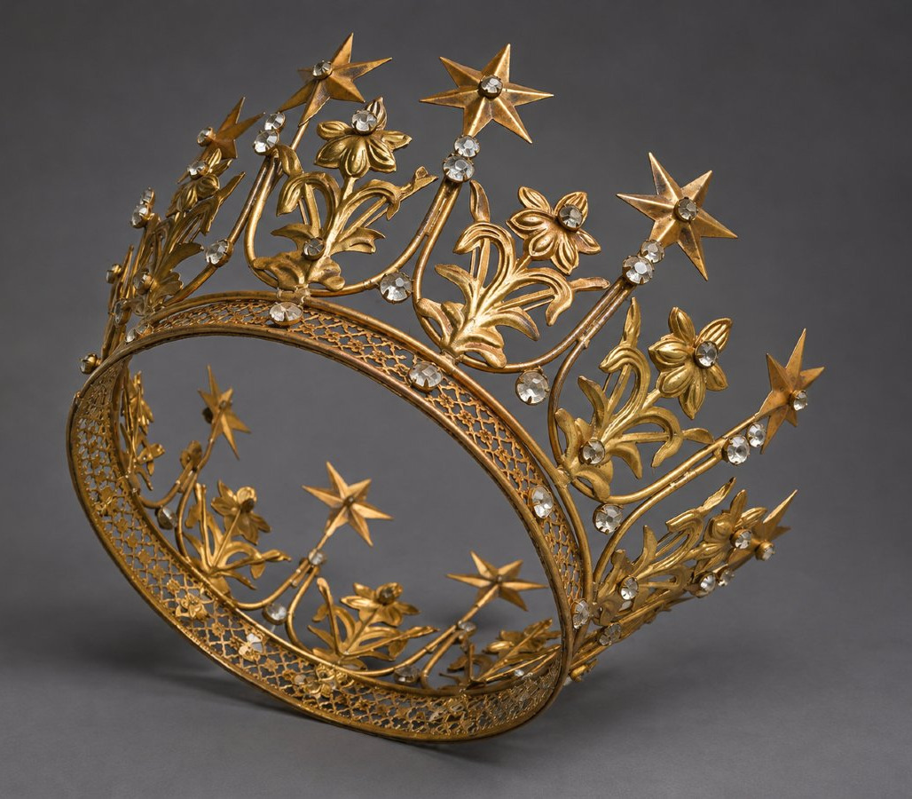 Large Golden Metal Virgin Crown Decorated With Stars And Flowers – 19th Century, Church -photo-2