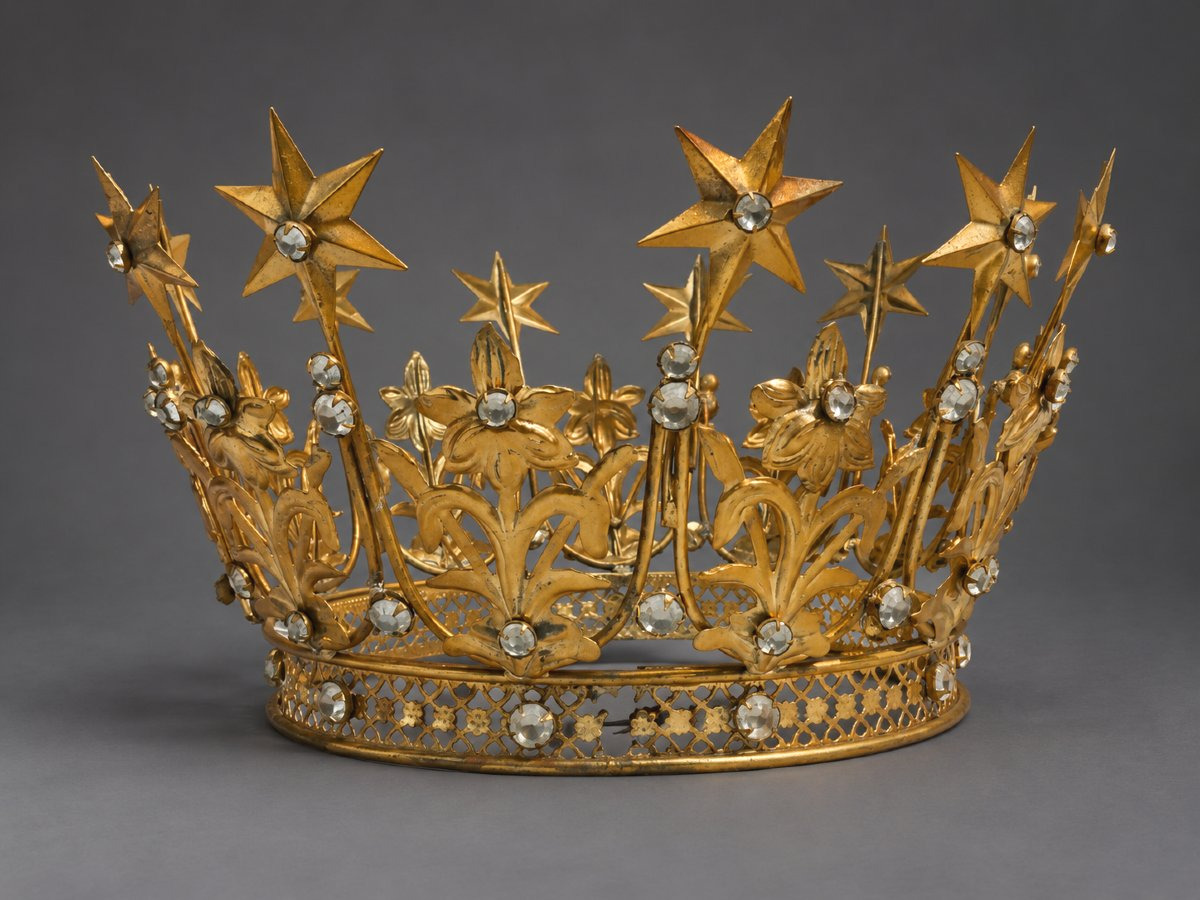 Large Golden Metal Virgin Crown Decorated With Stars And Flowers – 19th Century, Church -photo-3