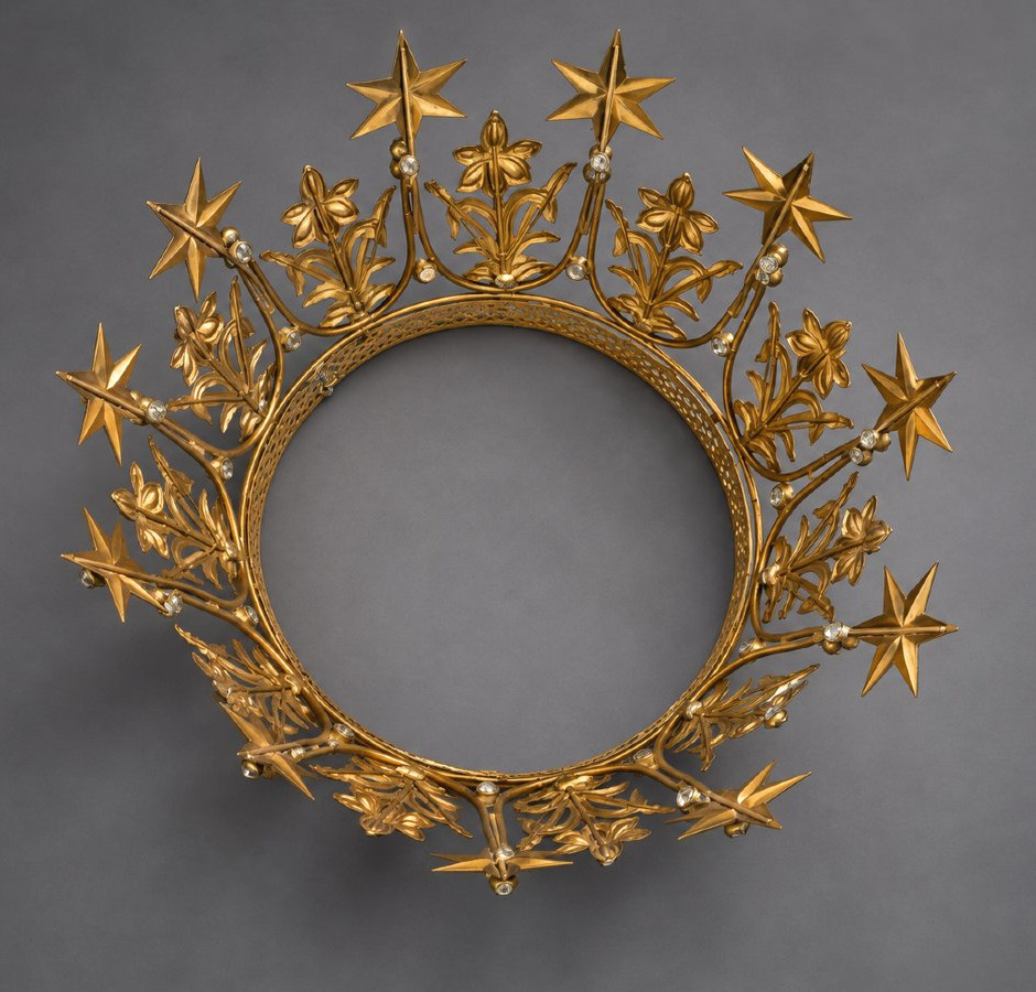 Large Golden Metal Virgin Crown Decorated With Stars And Flowers – 19th Century, Church -photo-4