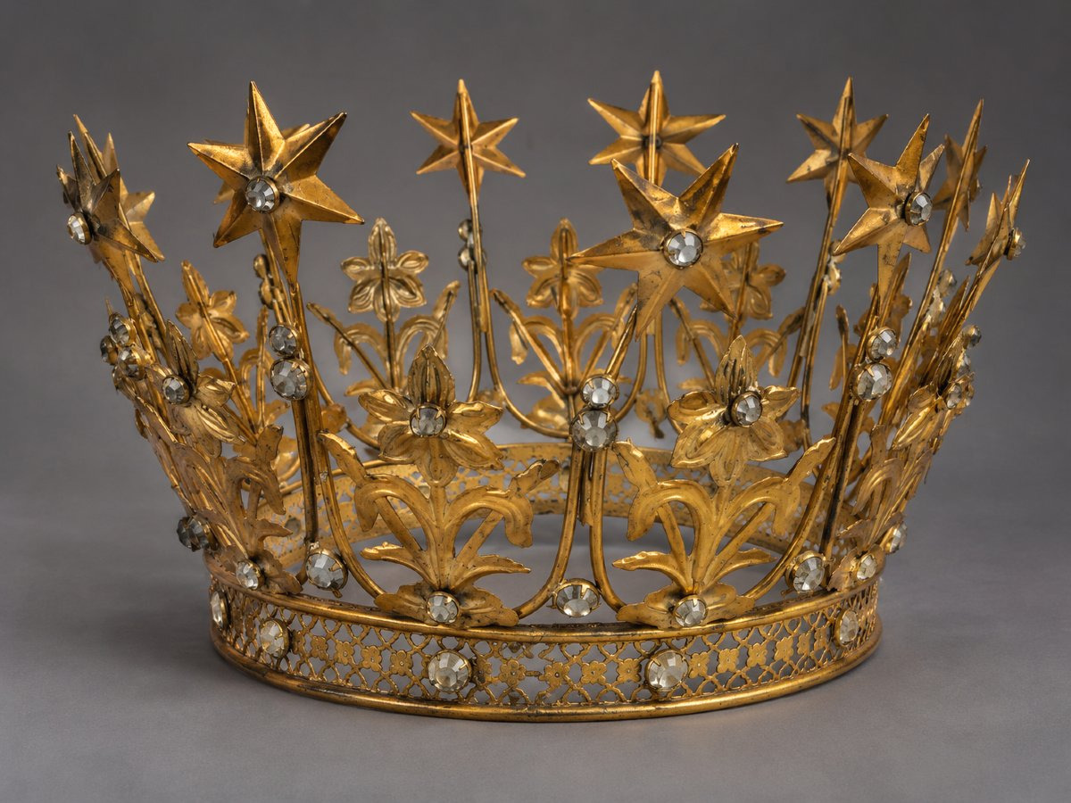 Large Golden Metal Virgin Crown Decorated With Stars And Flowers – 19th Century, Church -photo-1