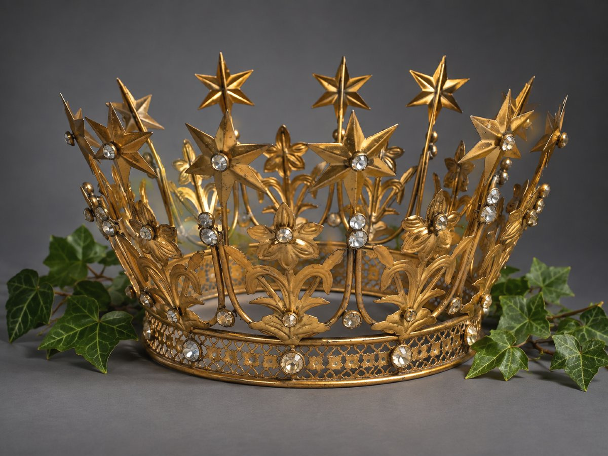Large Golden Metal Virgin Crown Decorated With Stars And Flowers – 19th Century, Church 