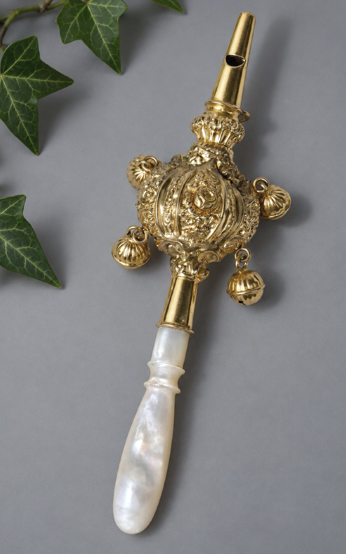 Napoleon III Rattle In Solid Silver & Vermeil, Mother-of-pearl Handle, Toy, 19th-century Whistle 