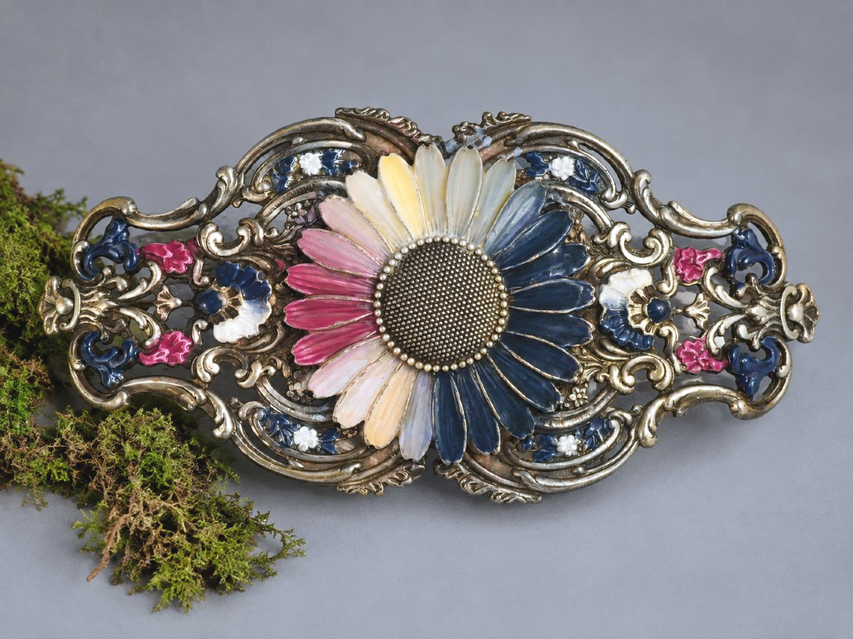 Boucle de ceinture ancienne en métal et émaux Art Nouveau Décor floral – XIXe siècle 