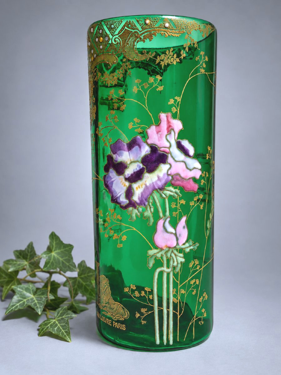 Vase Rouleau En Verre Emaillé Epoque Art Nouveau , Modele Theodore Legras XIXe Au Louvre Paris
