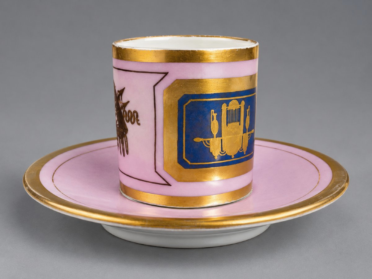 Porcelain Cup And Saucer With "warrior Attributes" Design, Empire/restoration Period-photo-2