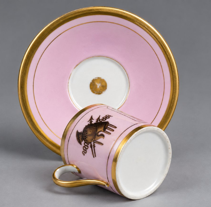 Porcelain Cup And Saucer With "warrior Attributes" Design, Empire/restoration Period-photo-1