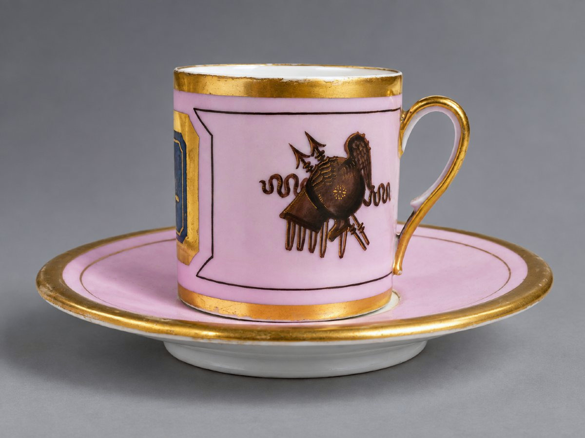 Porcelain Cup And Saucer With "warrior Attributes" Design, Empire/restoration Period-photo-3
