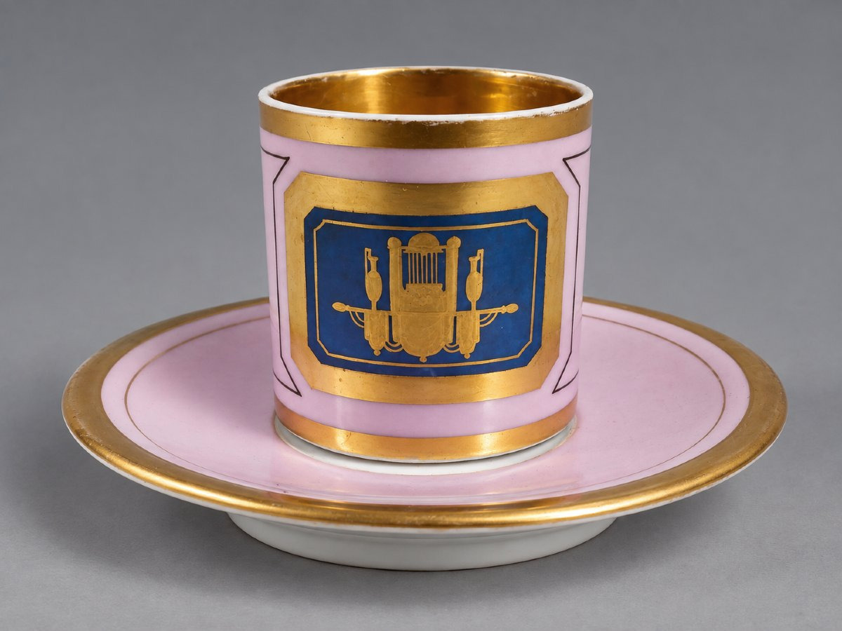 Porcelain Cup And Saucer With "warrior Attributes" Design, Empire/restoration Period-photo-4