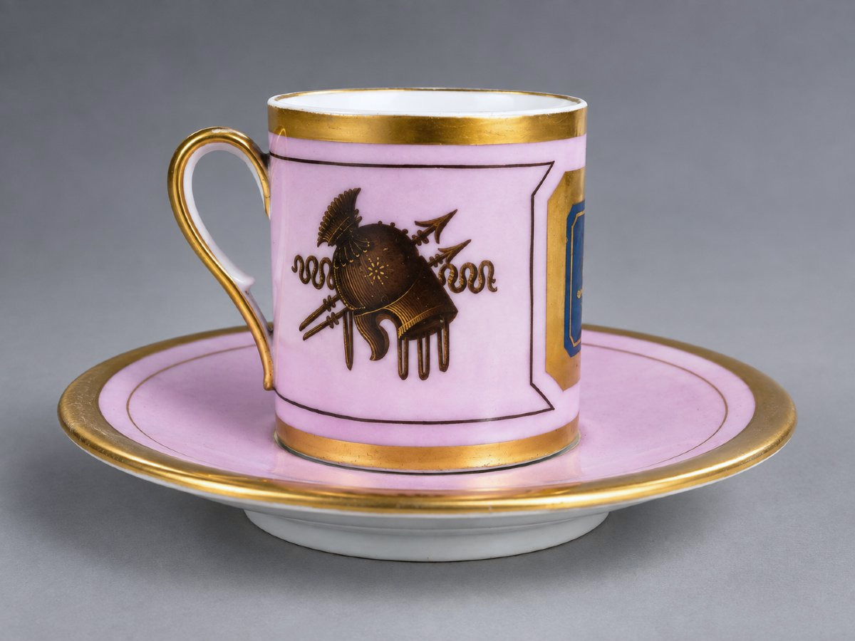 Porcelain Cup And Saucer With "warrior Attributes" Design, Empire/restoration Period