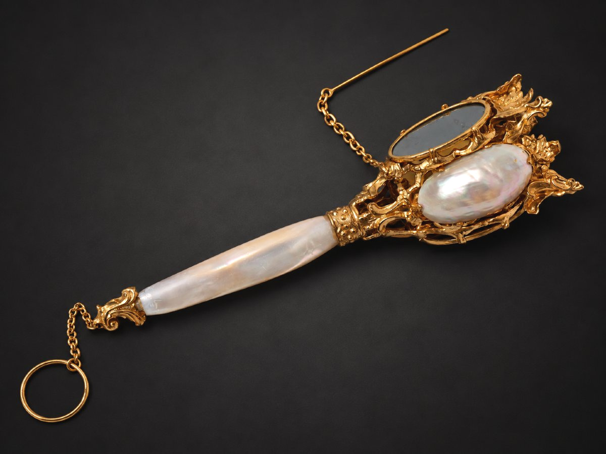 Porte-bouquet De Bal En Nacre &  Pomponne , XIXe siècle, vers 1850-1860 , Bijou Miroir-photo-1