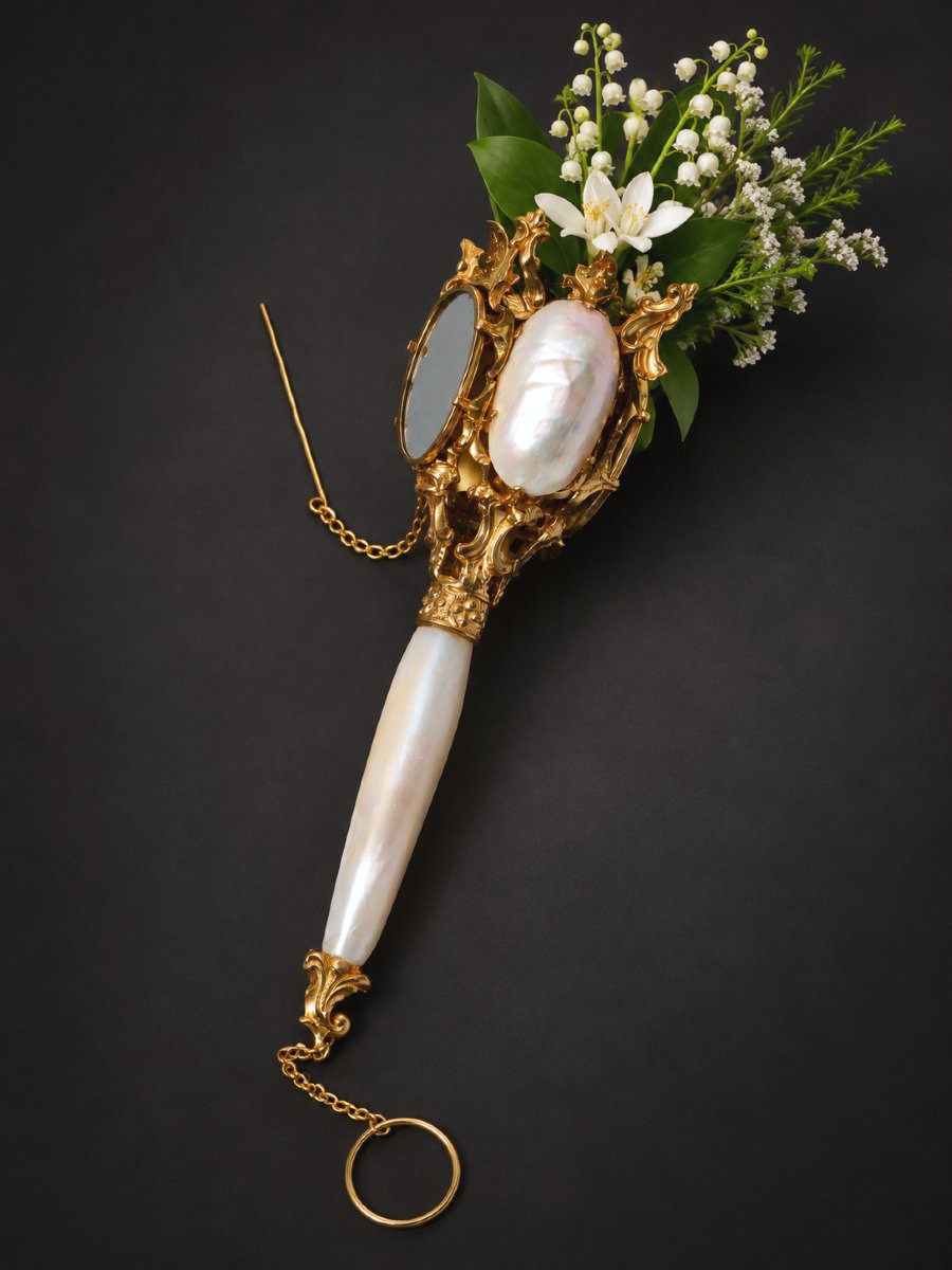 Porte-bouquet De Bal En Nacre &  Pomponne , XIXe siècle, vers 1850-1860 , Bijou Miroir