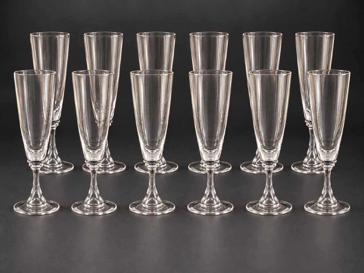 Serie de 12 Flutes à champagne En Cristal De Daum France  , Presentées En Boite XXe Siecle-photo-2