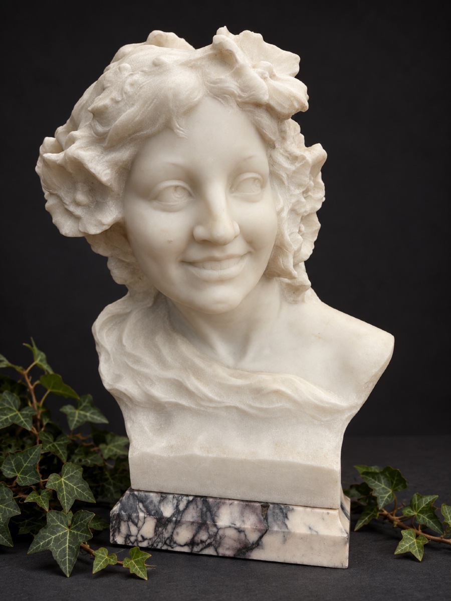 Art Nouveau-style Marble Bust, Young Woman, Signed By Pugi, 1900-photo-2