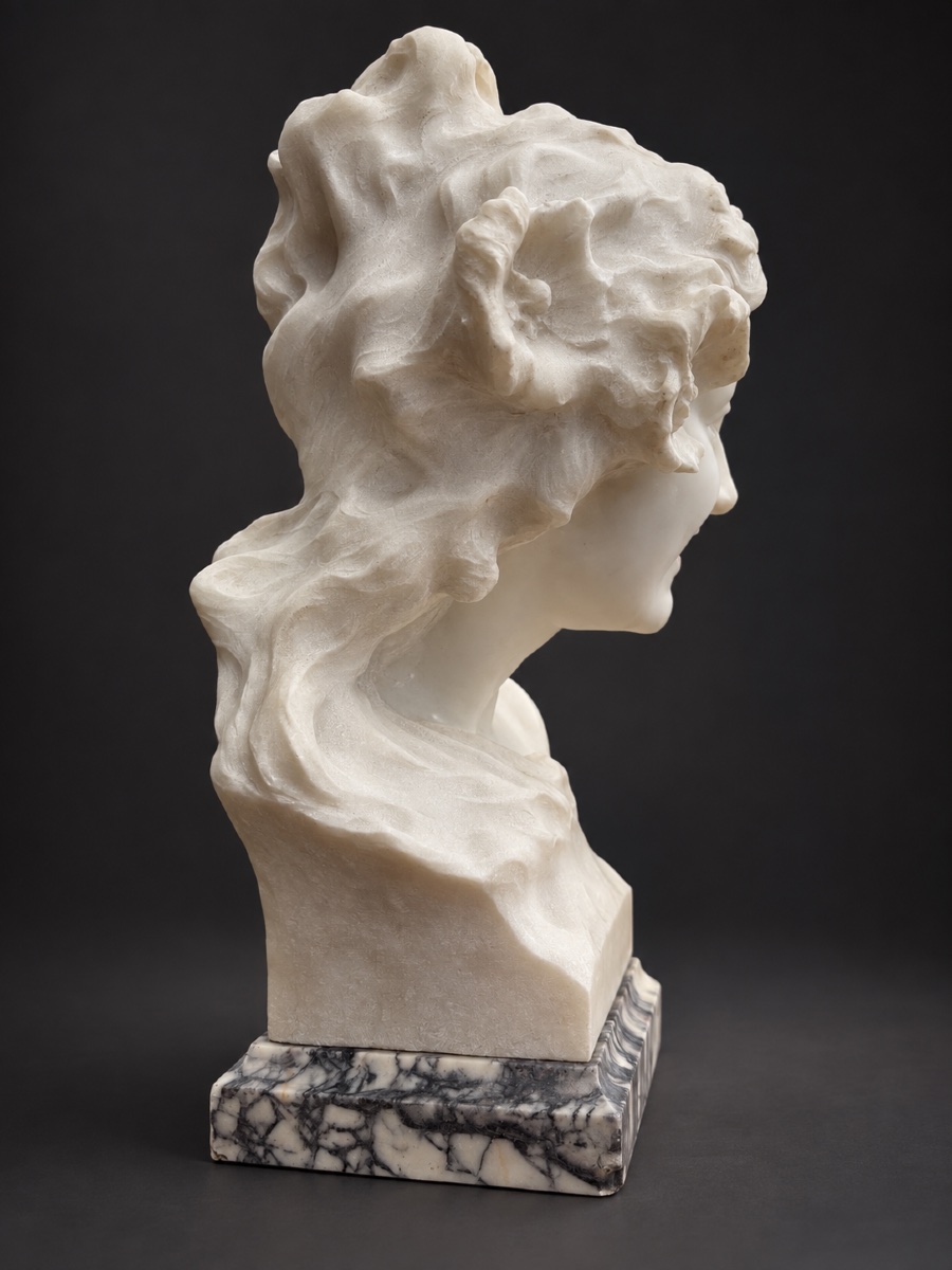 Art Nouveau-style Marble Bust, Young Woman, Signed By Pugi, 1900-photo-3
