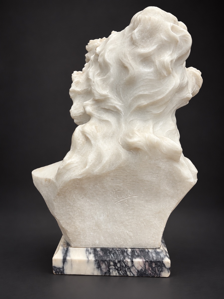 Art Nouveau-style Marble Bust, Young Woman, Signed By Pugi, 1900-photo-2