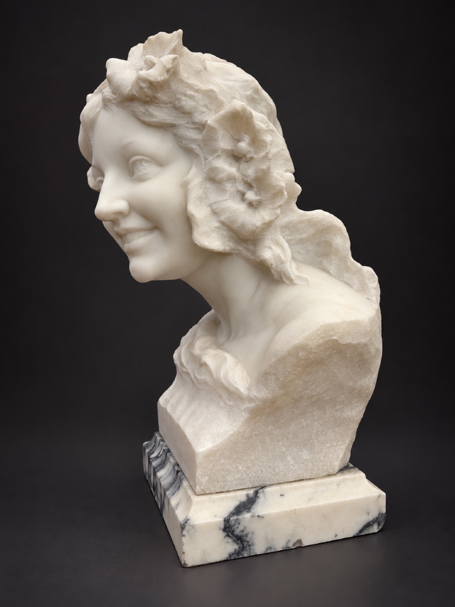 Art Nouveau-style Marble Bust, Young Woman, Signed By Pugi, 1900-photo-3