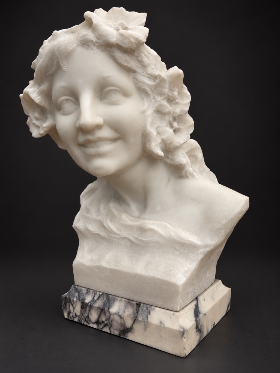 Art Nouveau-style Marble Bust, Young Woman, Signed By Pugi, 1900-photo-4