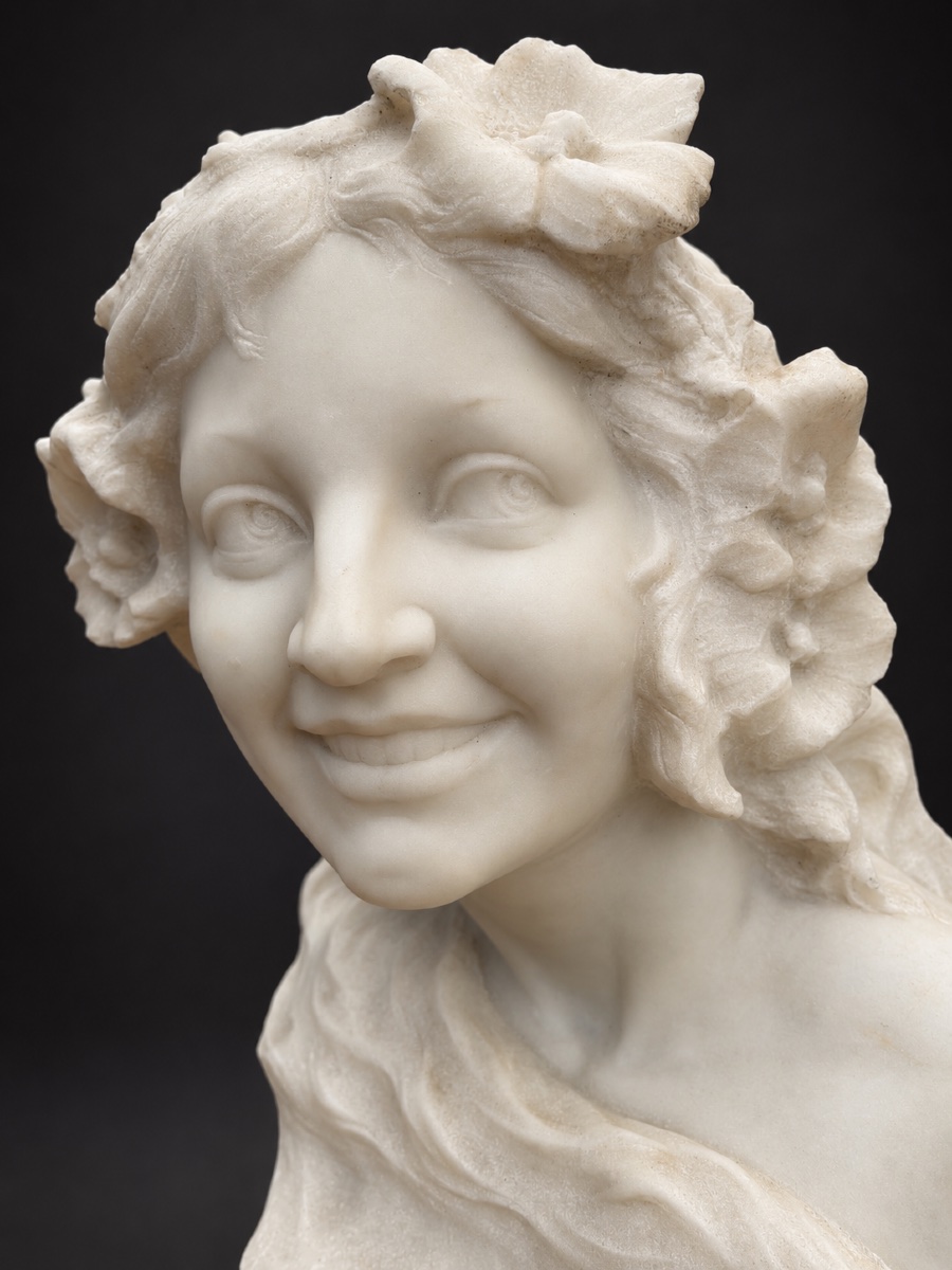 Art Nouveau-style Marble Bust, Young Woman, Signed By Pugi, 1900-photo-5