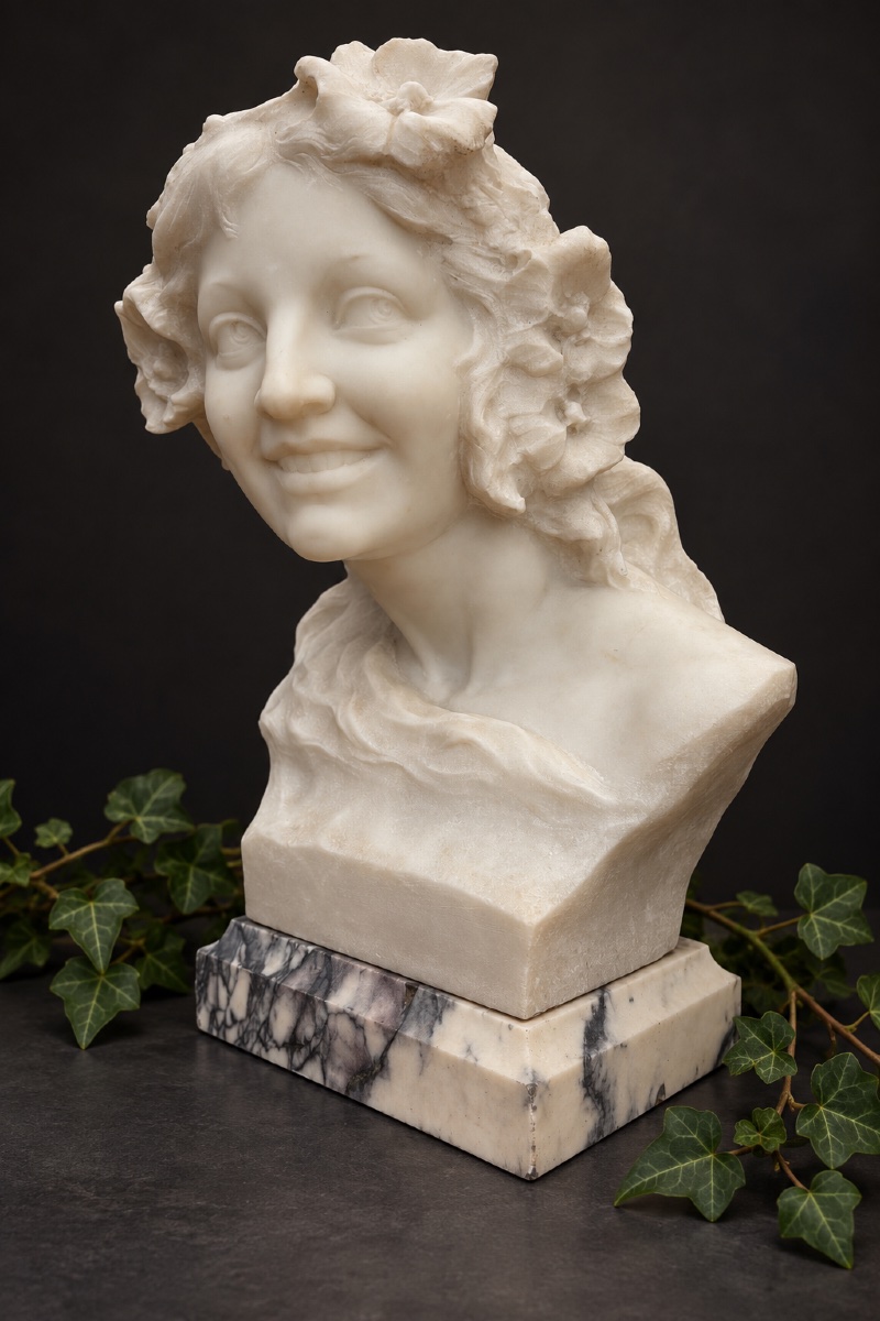 Art Nouveau-style Marble Bust, Young Woman, Signed By Pugi, 1900