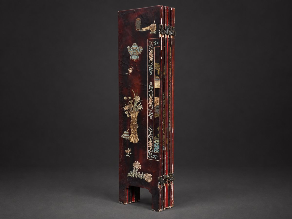 Paravent Asiatique , Laque De Coromandel , 6 Feuilles , Laque Rouge , XIXe siecle , Tete De Lit-photo-2