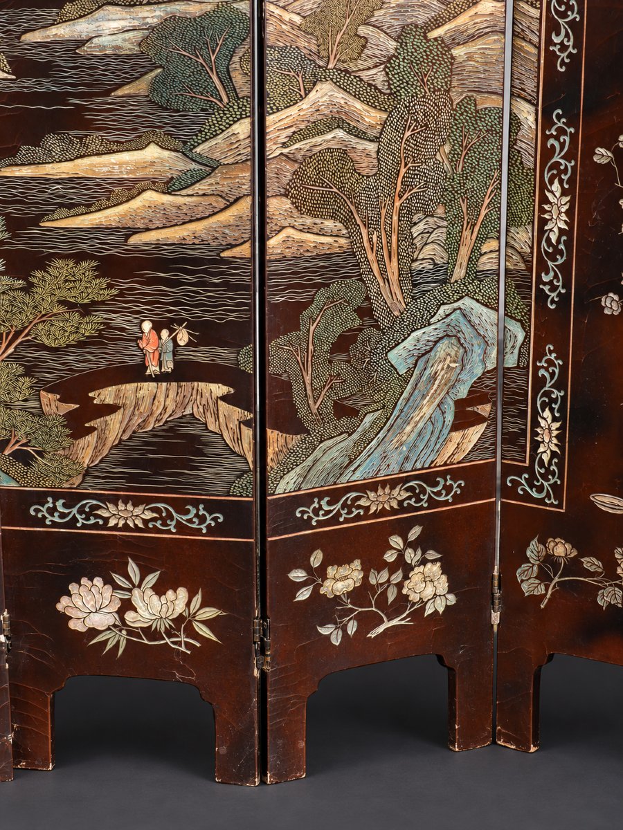 Paravent Asiatique , Laque De Coromandel , 6 Feuilles , Laque Rouge , XIXe siecle , Tete De Lit-photo-4